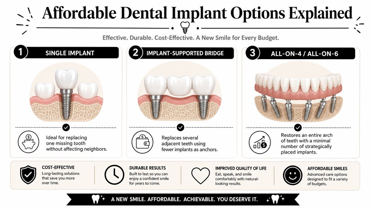 A visual guide illustrating three types of dental implants including single, bridge, and full-arch solutions.