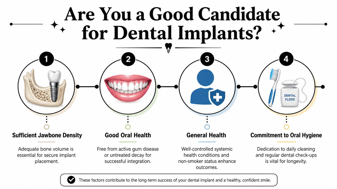 An infographic detailing the four key factors for determining a good candidate for dental implant surgery.