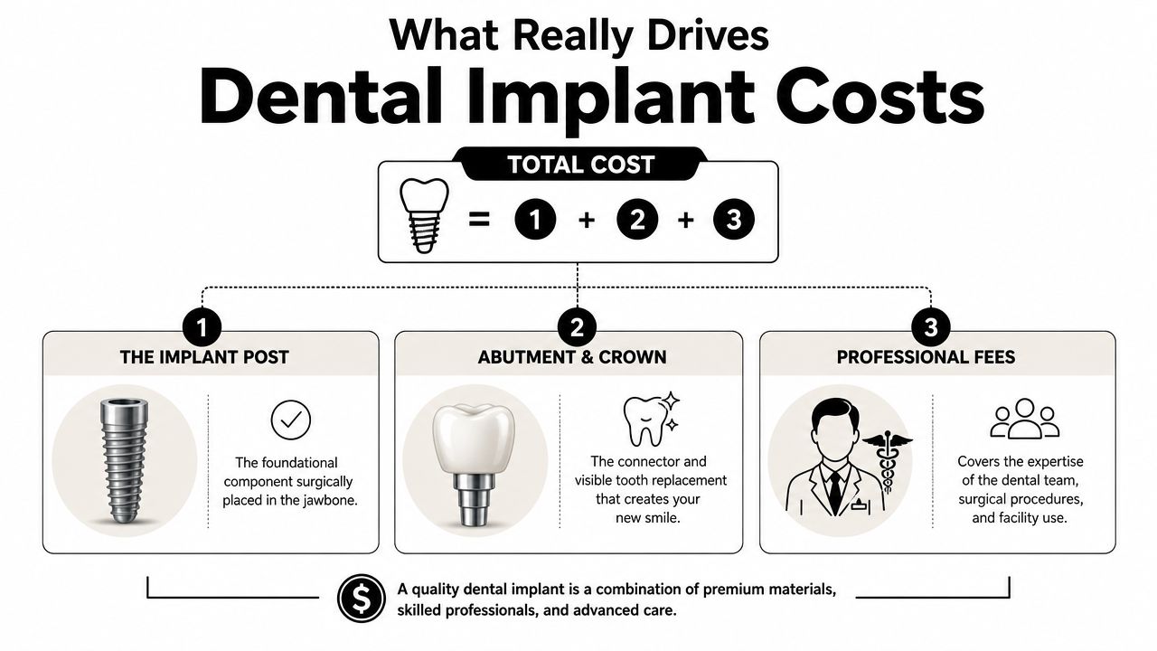 An infographic showing the three primary factors that contribute to the total cost of dental implants.