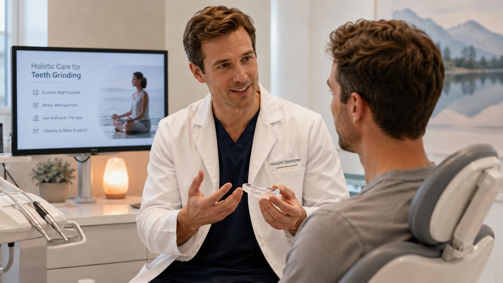 A professional dentist discussing custom night guard treatment options with a patient in a holistic dental clinic.
