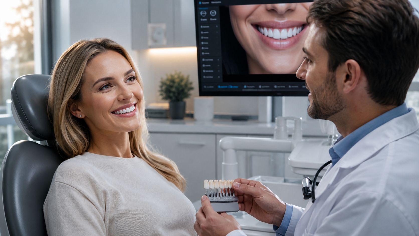 A female patient smiling while a male dentist holds a tooth shade guide during a dental consultation.
