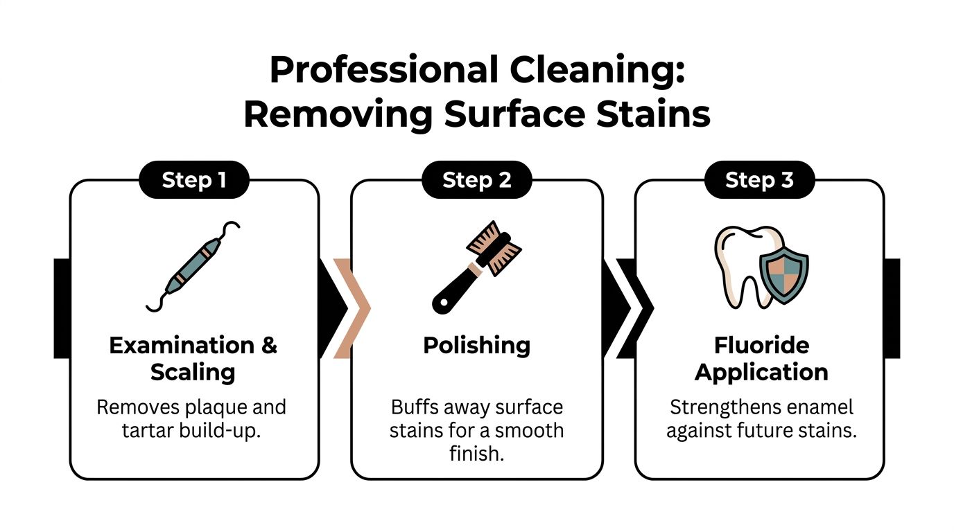 A three-step infographic titled Professional Cleaning: Removing Surface Stains, illustrating dental examination, scaling, polishing, and fluoride application.