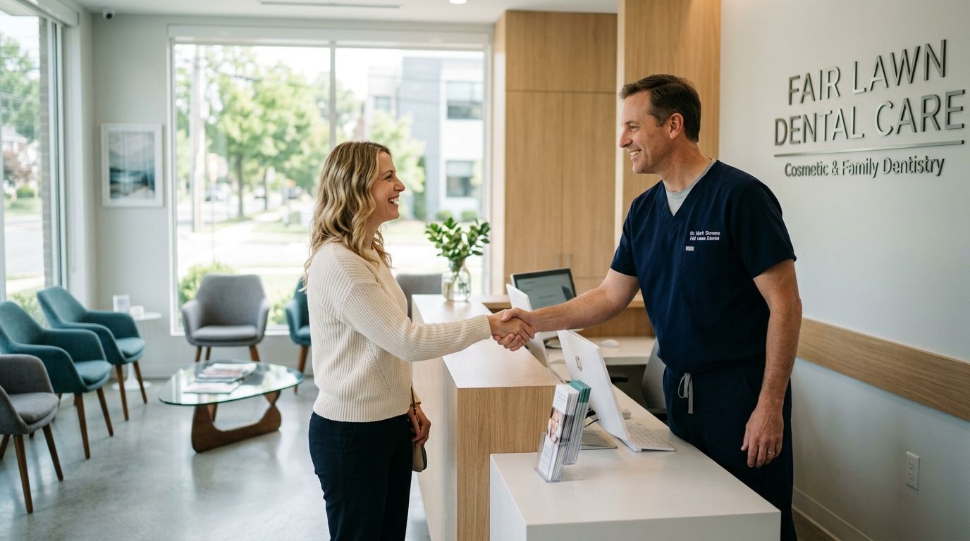 A friendly dentist shaking hands with a woman at the reception desk of a modern dental office.