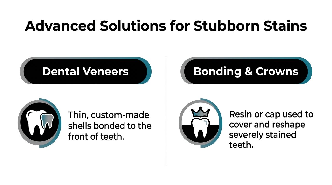 An infographic detailing dental veneers, bonding, and crowns as advanced solutions for treating stubborn teeth stains.