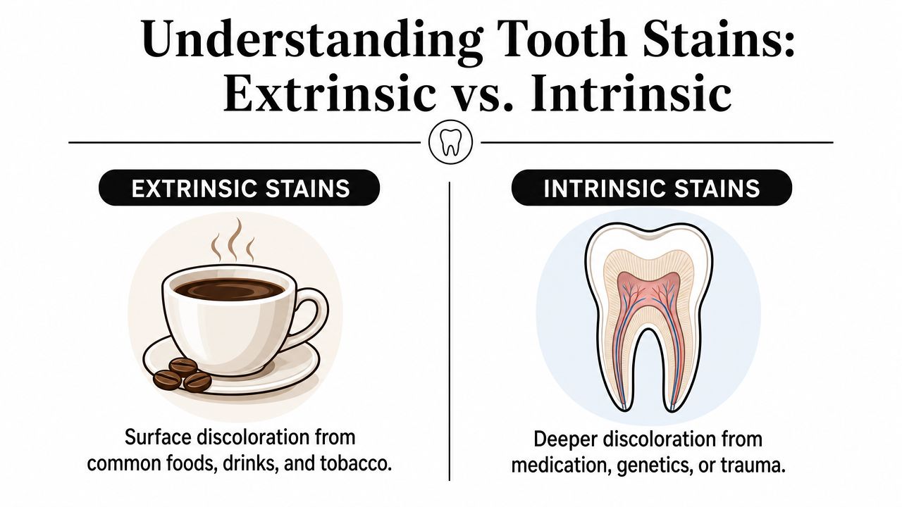 An infographic comparing extrinsic surface tooth stains caused by drinks and intrinsic deep tooth discoloration.