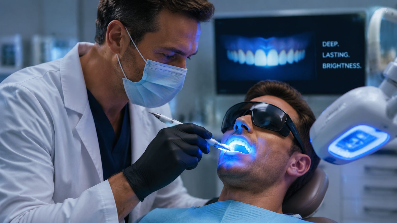 A professional dentist performing a teeth whitening procedure on a patient in a modern dental clinic.