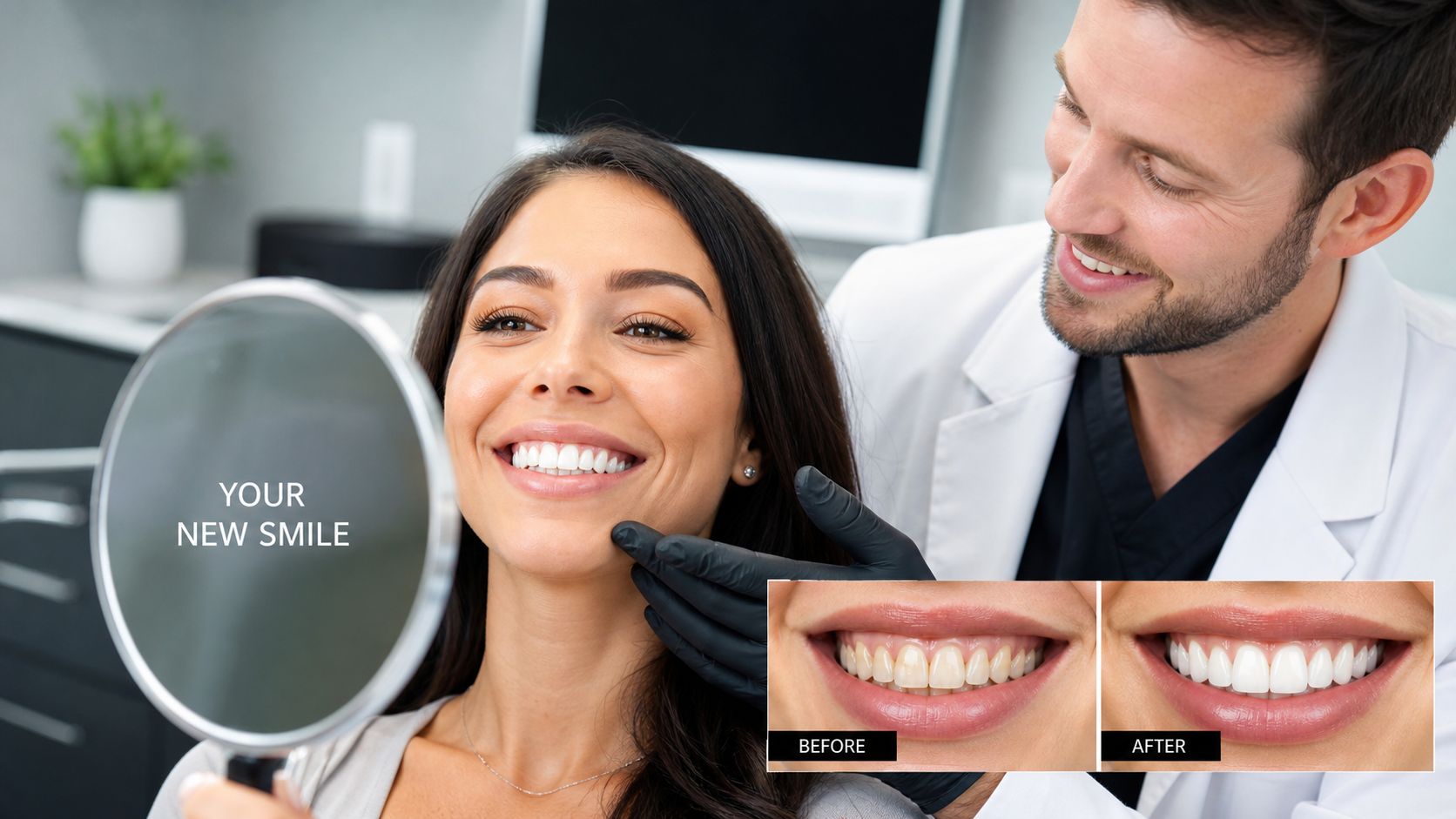 A happy patient looking at her new smile in a mirror with her dentist beside her.