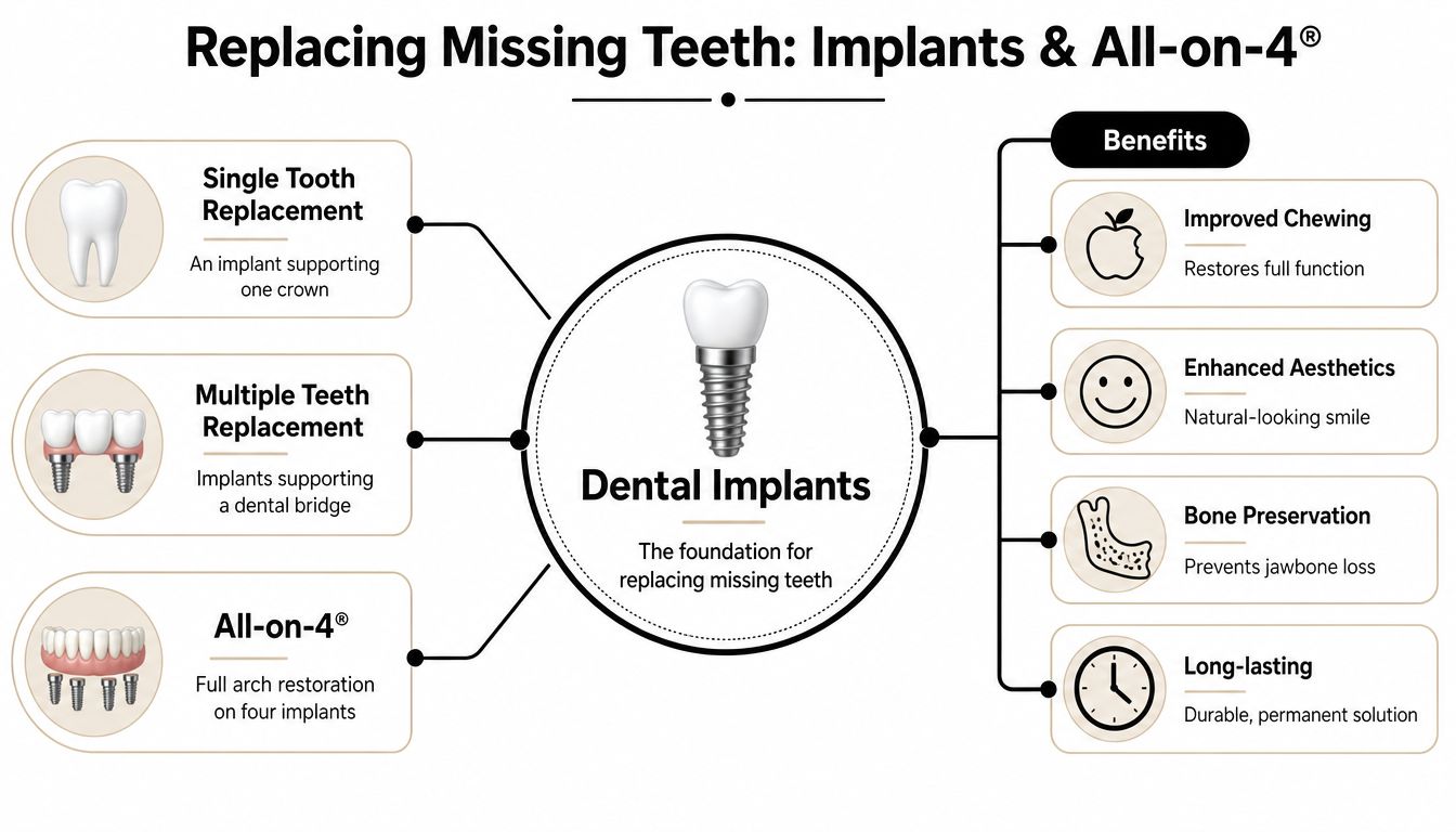 An infographic showing various dental implant treatments like single teeth, bridges, and all-on-4 with key benefits.