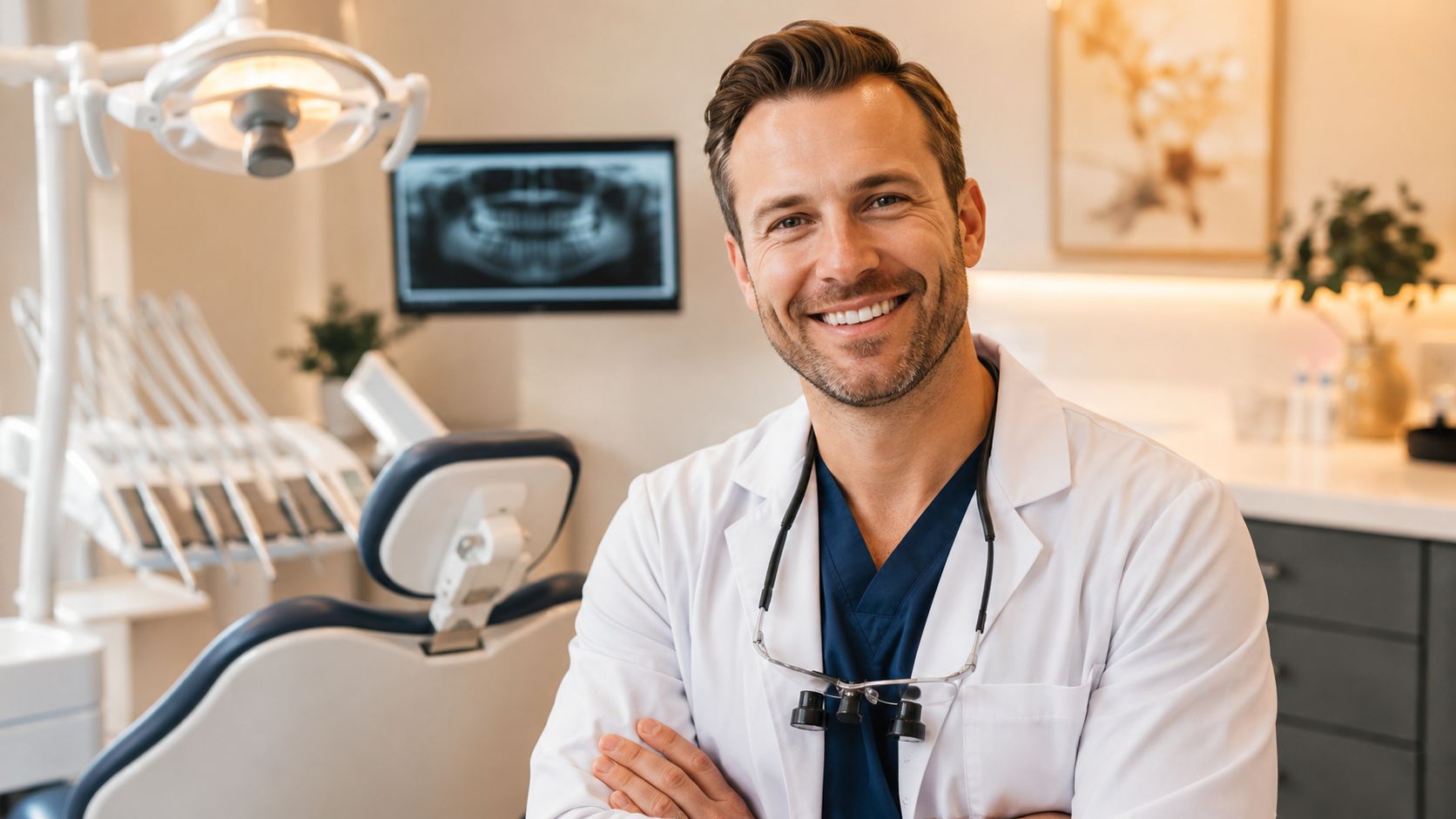 A friendly male dentist in a white lab coat smiling in a modern, clean dental office.