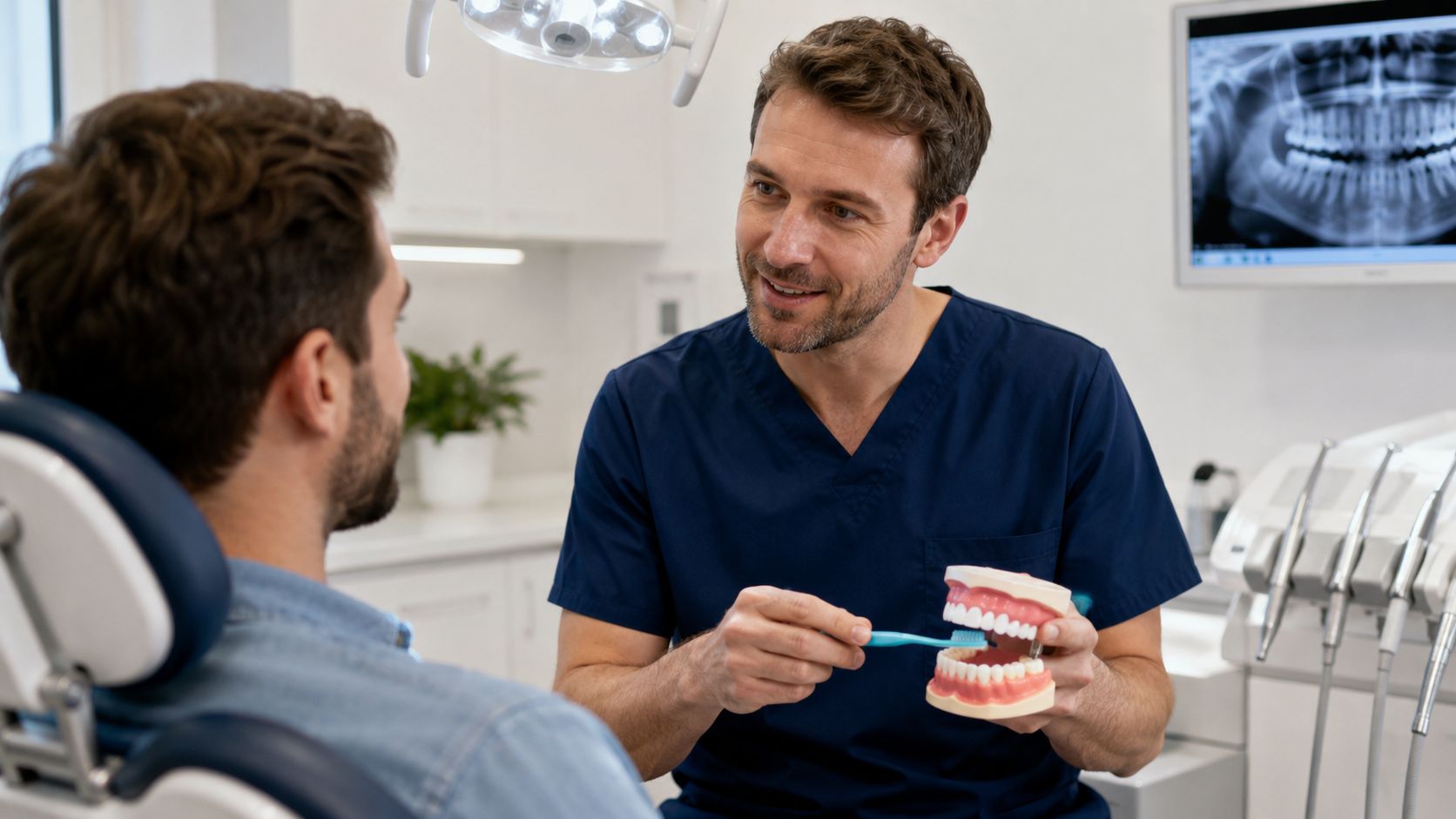 A professional dentist demonstrates proper brushing techniques to a patient using a dental model in his office.
