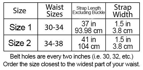 Size chart. Size 1 covers waist sizes 30-40. Size 2 covers waist sizes 34-38. Belt holes are every two inches. Order the size closest to the widest part of your waist.
