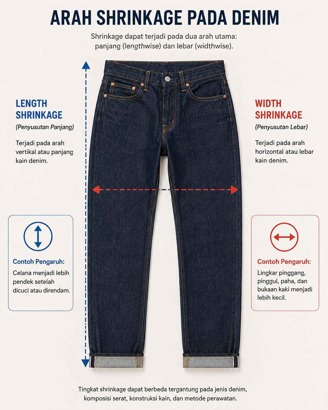 Diagram arah shrinkage panjang dan lebar pada denim.