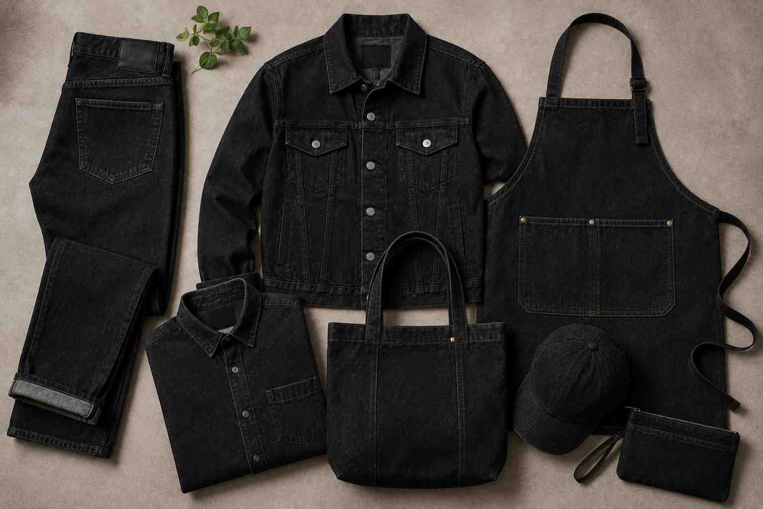 Produk fashion berbahan denim hitam.