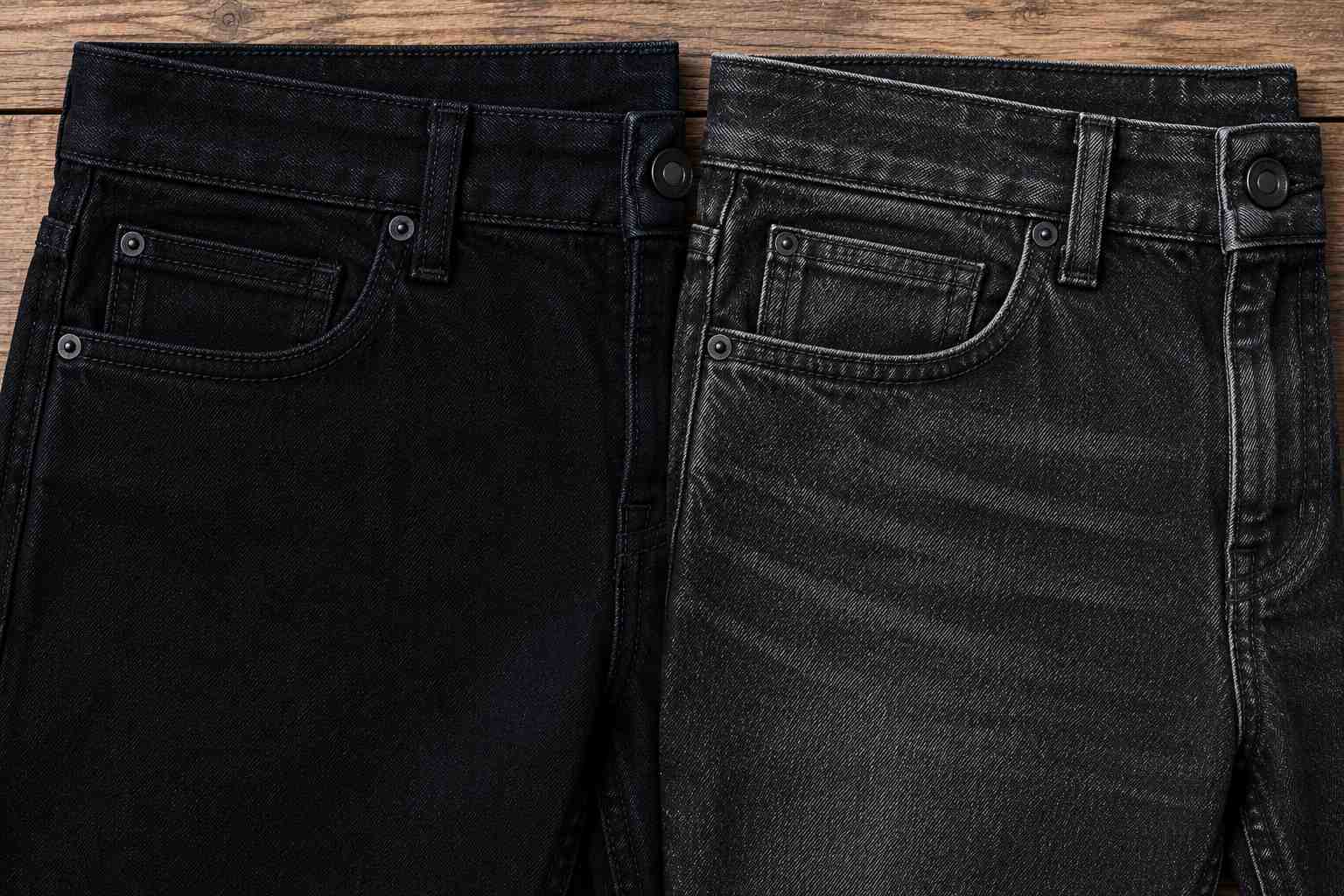 Fading pada bahan denim hitam.