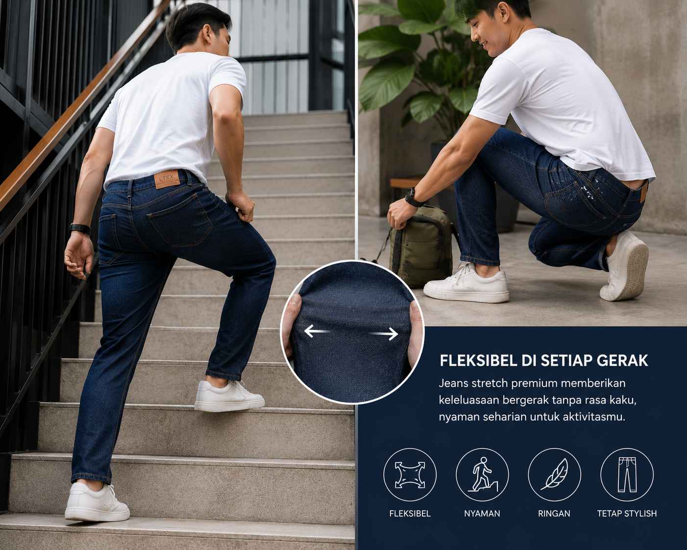 Kenyamanan stretch denim saat bergerak.