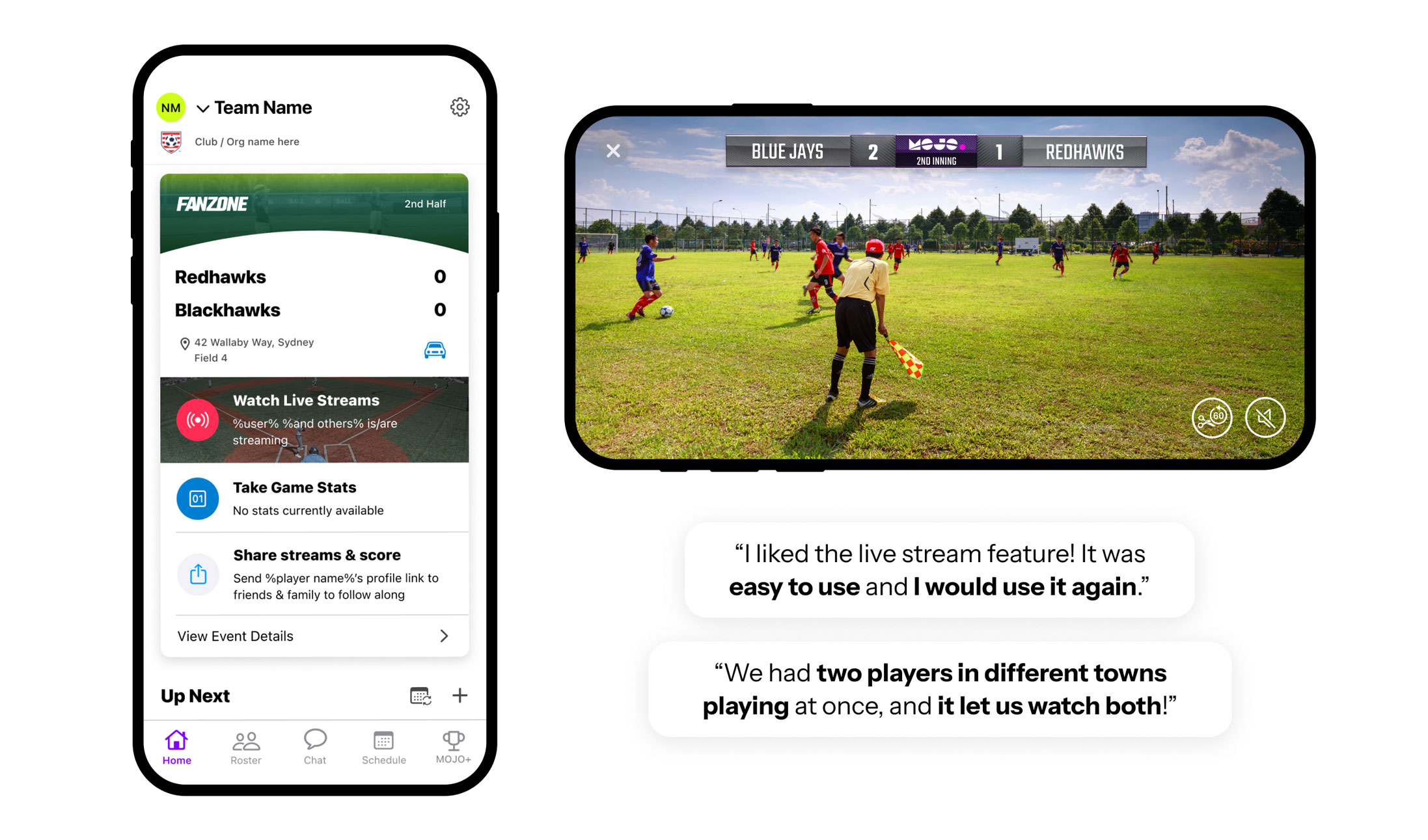 Final design mockups of live streaming