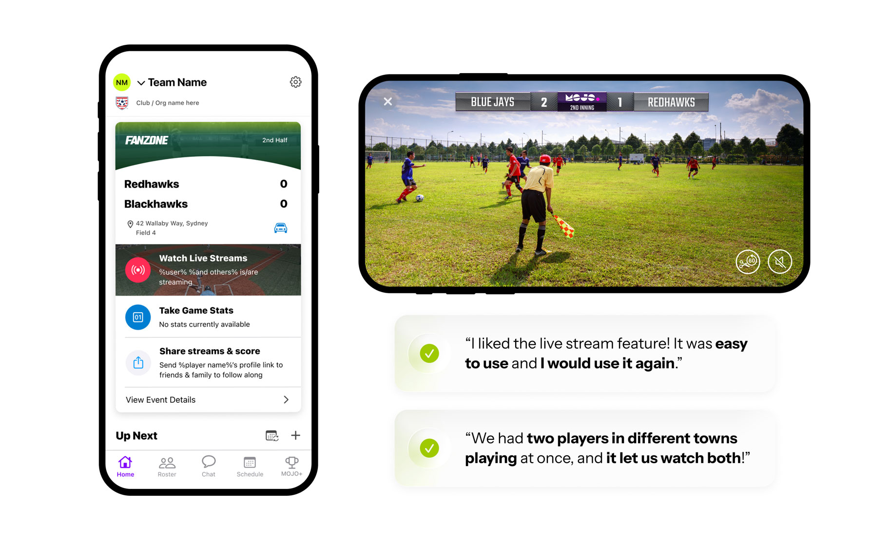 Final design mockups of live streaming