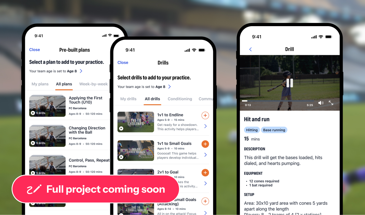 Three smartphone screens showing a sports practice app with drill and plan selections, including a paused video of a young baseball player swinging a bat.