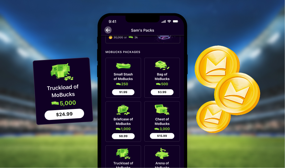Mobile screen displaying in-app purchases of MoBucks packages priced from $1.99 to $24.99 with package sizes from 250 to 5,000 MoBucks, along with a separate card highlighting the Truckload of 5,000 MoBucks for $24.99 and three floating gold coins with crowns.