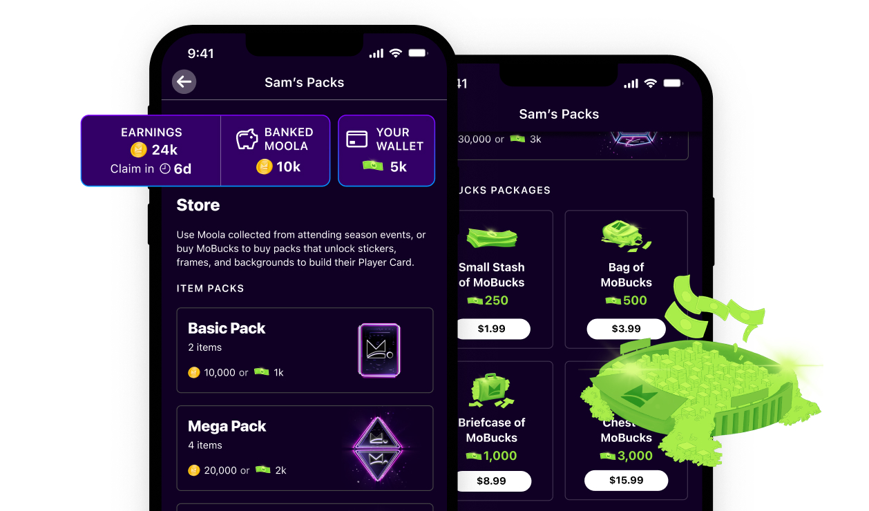Two smartphone screens showing Sam's Packs app with Moola earnings, wallet balance, and purchasable item packs including Basic Pack, Mega Pack, and MoBucks packages with prices.