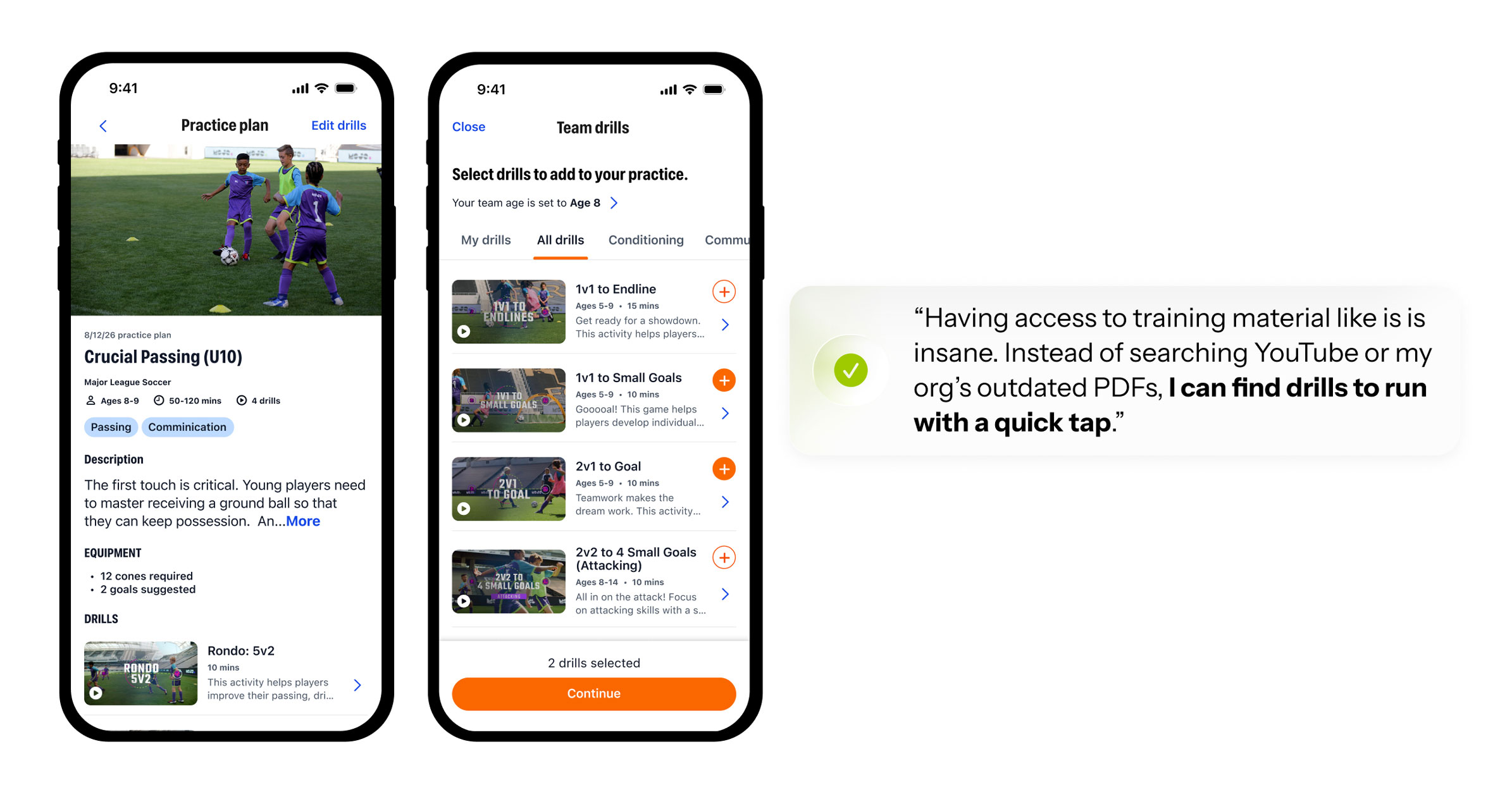 Two smartphone screens showing a soccer practice plan and team drills app with a testimonial about easy access to training drills.