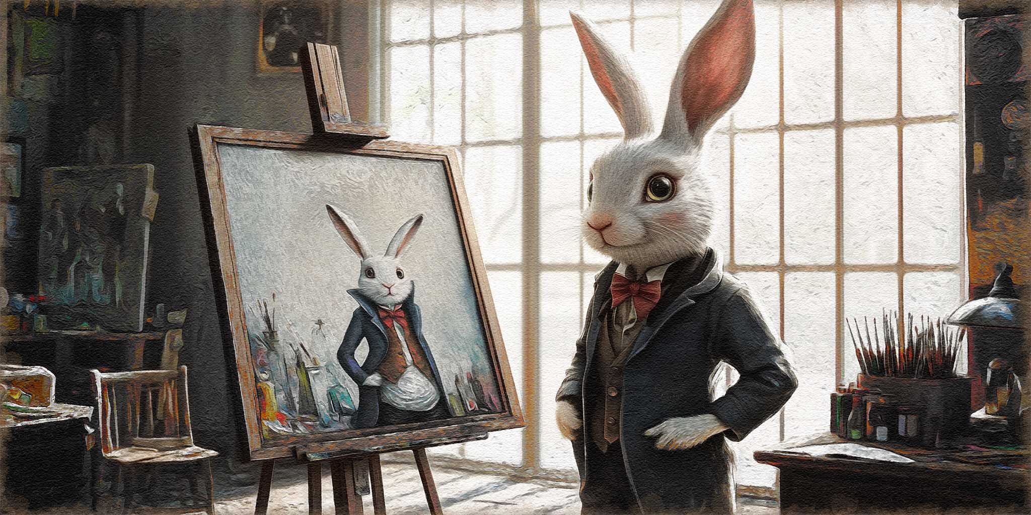 Illustrative image of the White Rabbit in an art studio on the 360 Alice in Wonderland website's blog.