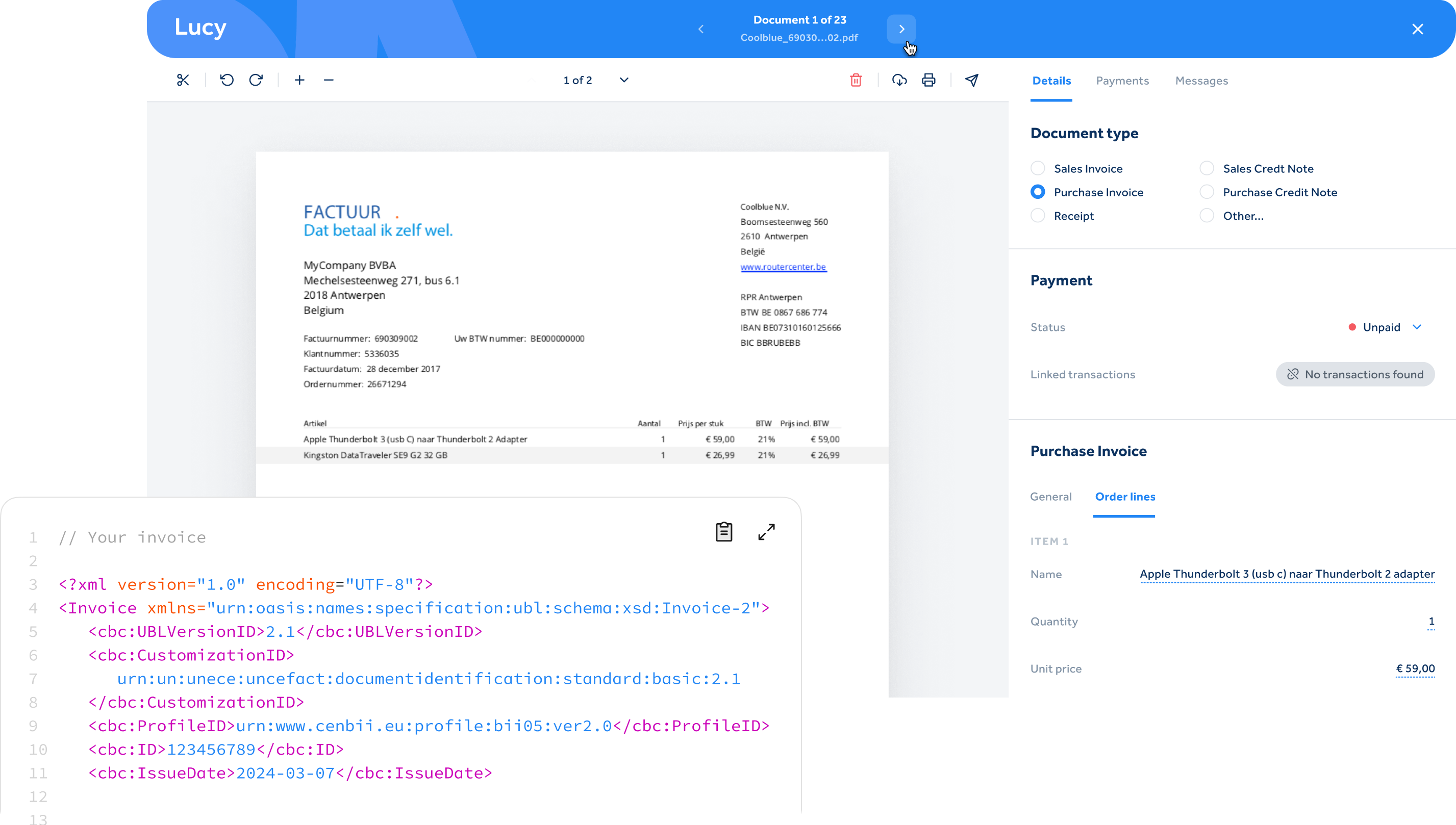 Overview of information linked to an invoice
