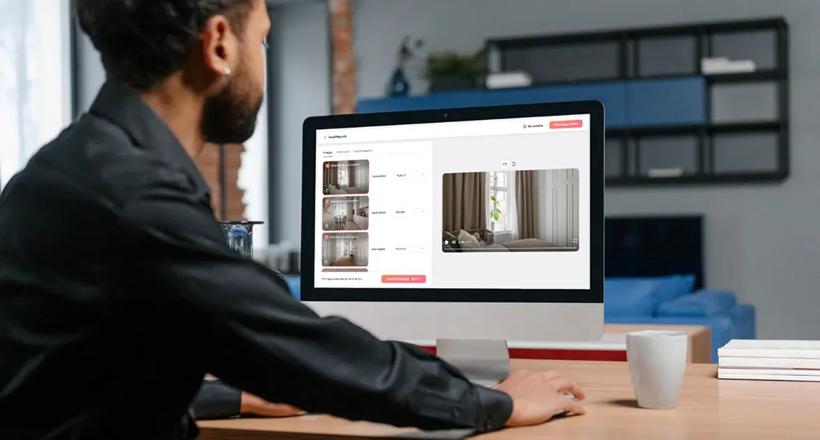 Real estate agent using an AI video editor to create a property video from listing photos.