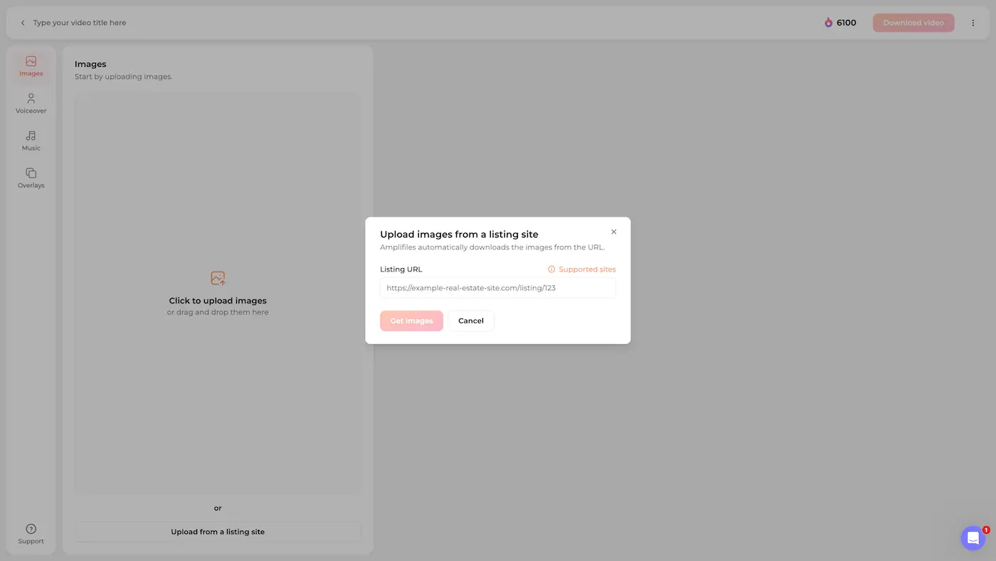 Amplifiles AI real estate video editor upload screen with property photos ready to process