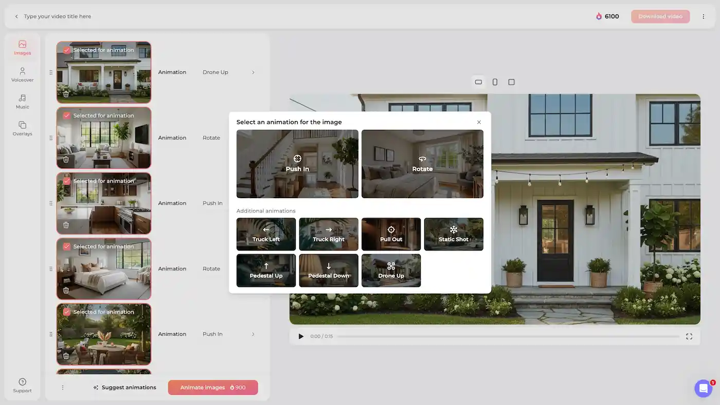 Amplifiles animation settings showing options for camera movements for property photos