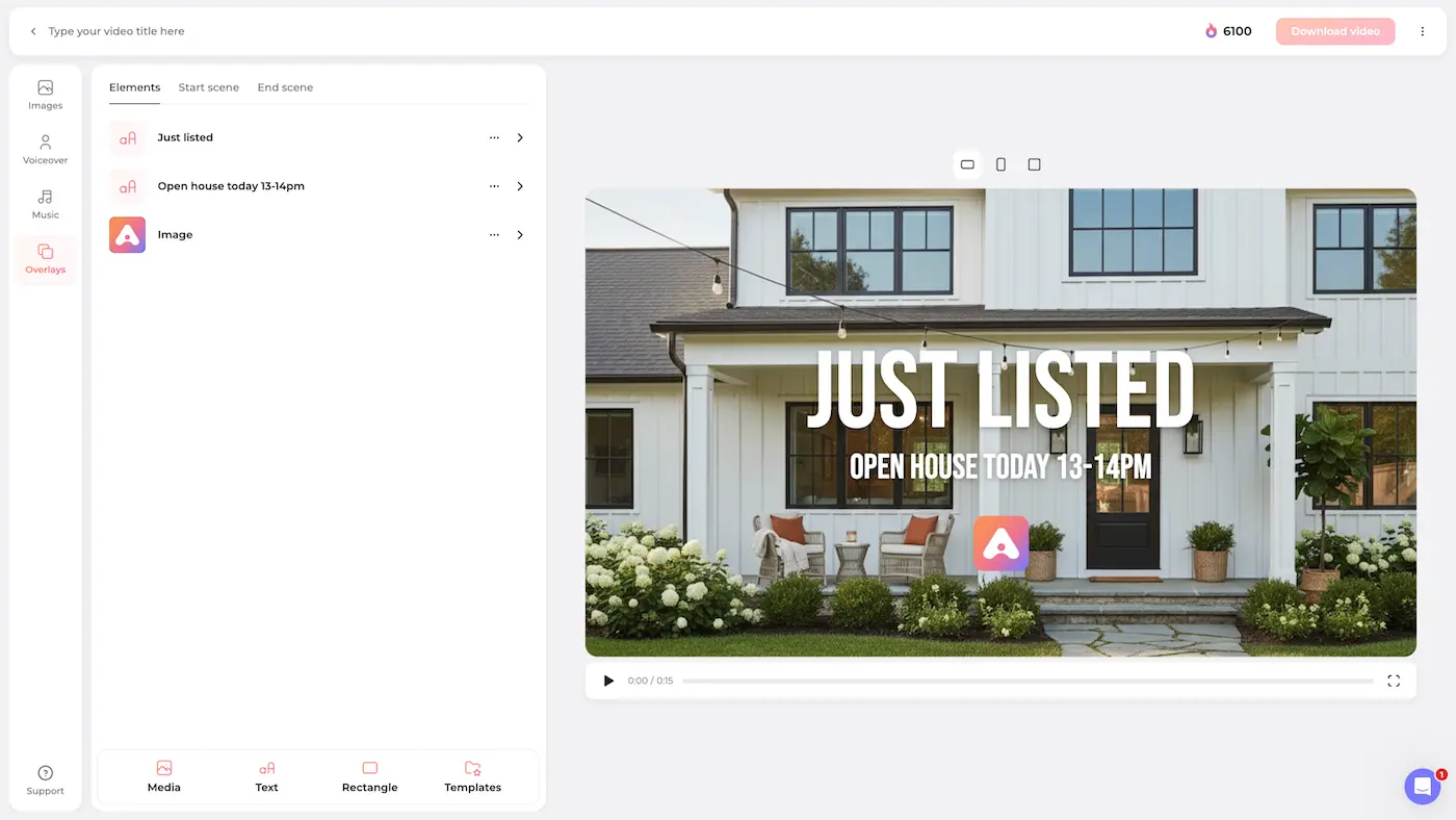 Amplifiles customization panel with logo upload, voiceover selection, and text overlay options