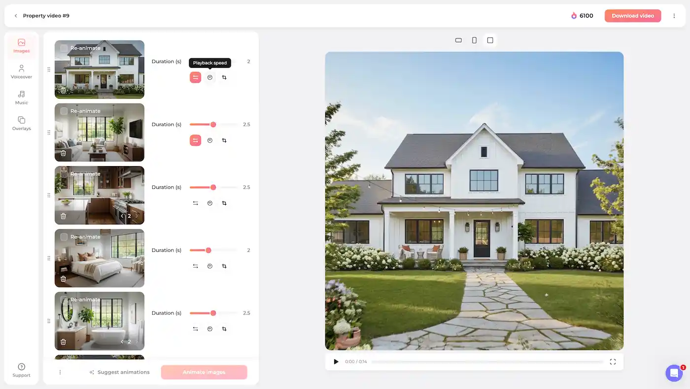 Amplifiles video preview window showing finished real estate video ready to export