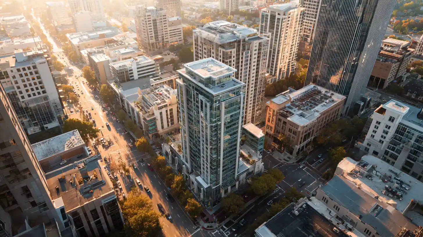Drone view of a commercial office park showing surrounding road access and parking capacity.