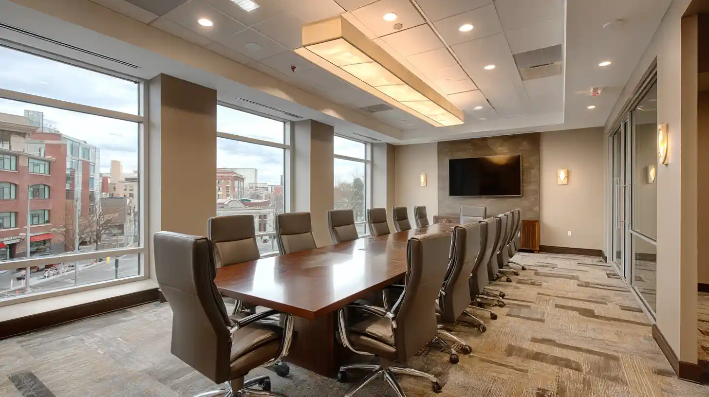 Modern negotiation room in a corporate office setting, often featured in video walkthroughs of the building.
