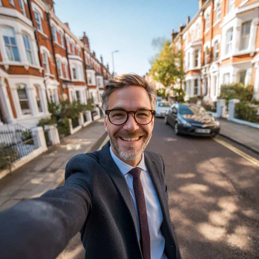 Real estate agent filming a micro-neighborhood video on a local street to generate leads.