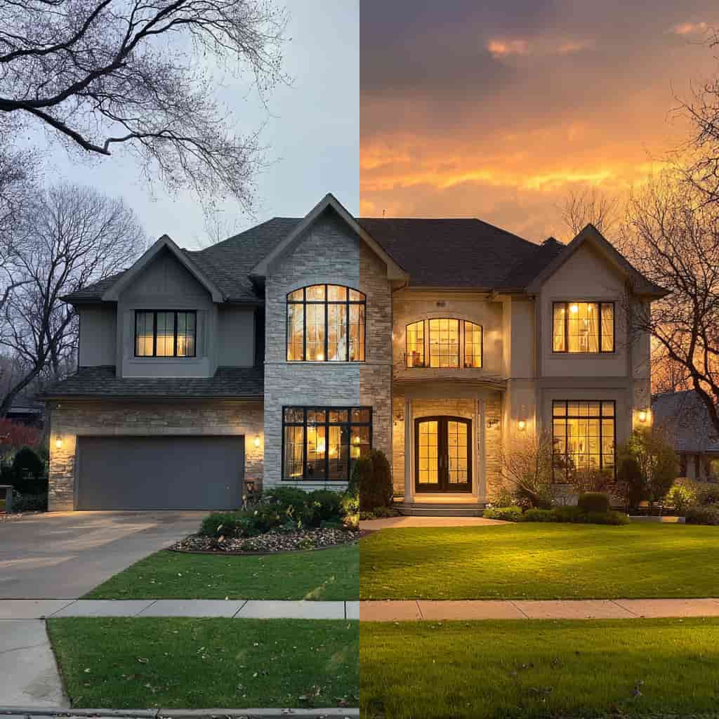 Side-by-side comparison of raw daytime listing photo versus a professionally enhanced twilight hero shot.