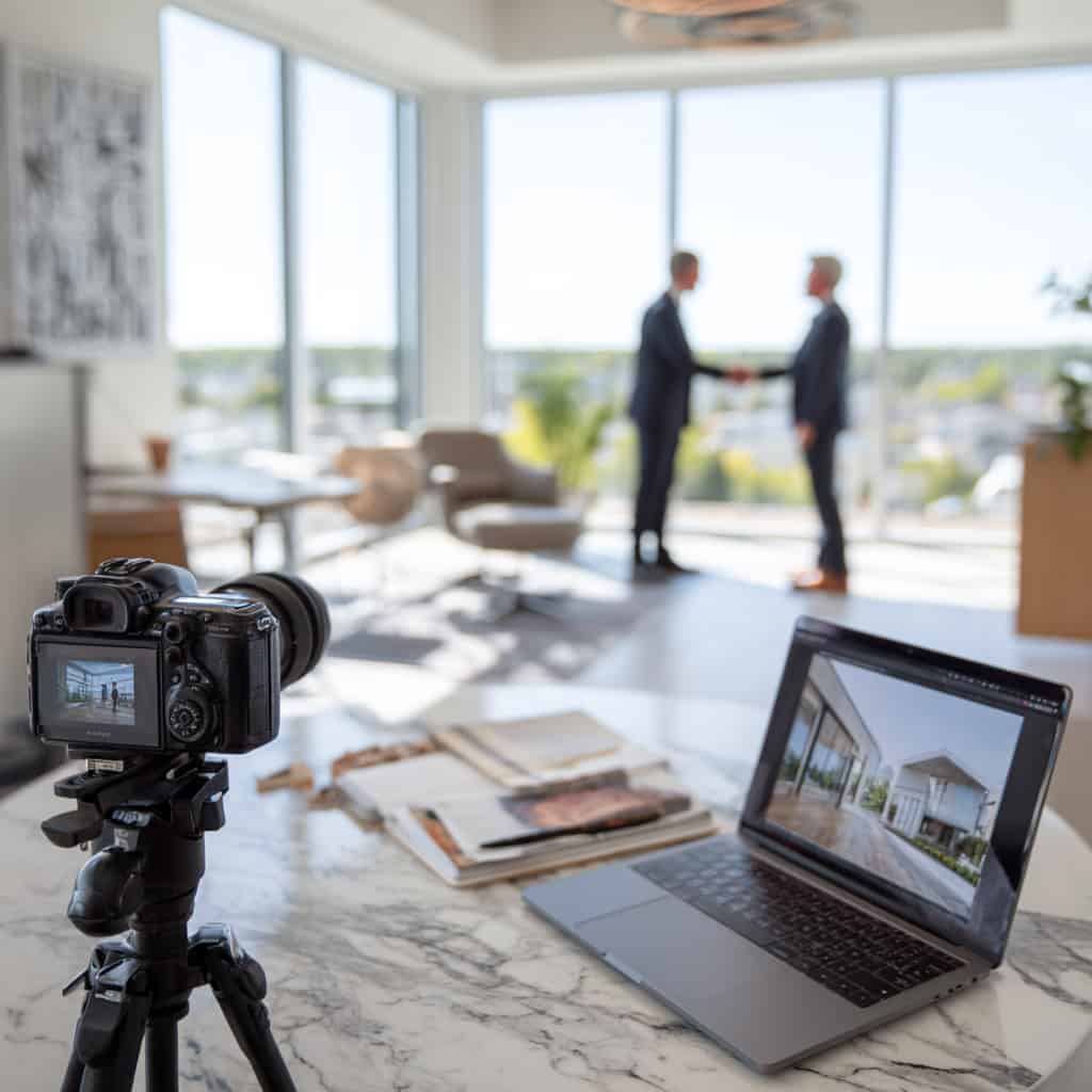 A photographer and real estate agent collaborating in a modern office, featuring a professional camera and a laptop showing AI photo editing to represent clear copyright and successful marketing partnerships.