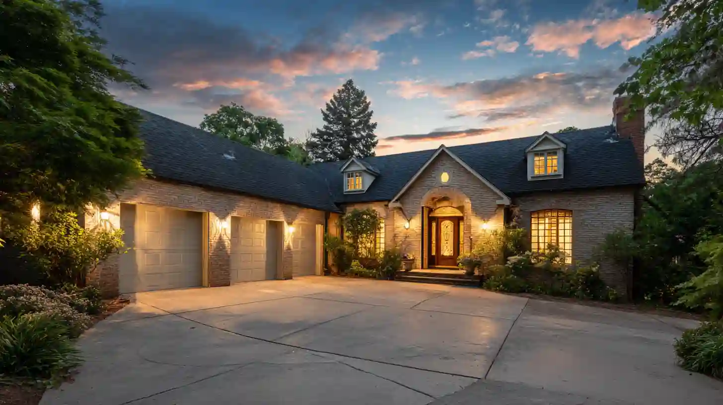 Real estate photographer capturing a luxury home exterior at twilight with warm interior lights and subtle pricing elements illustrating real estate photography pricing.