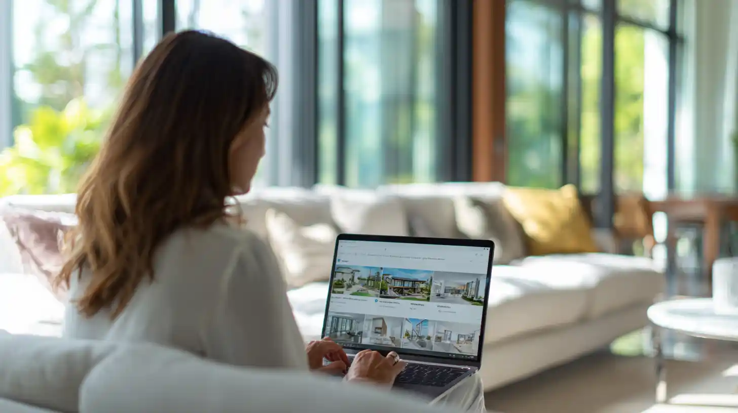 Real estate agent using AI tools to manage property listings and marketing on a laptop