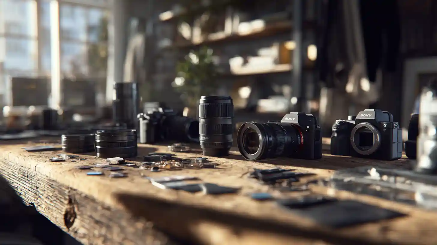 Professional real estate photography equipment including DSLR and mirrorless cameras, lenses, and accessories arranged on a table for property photography.