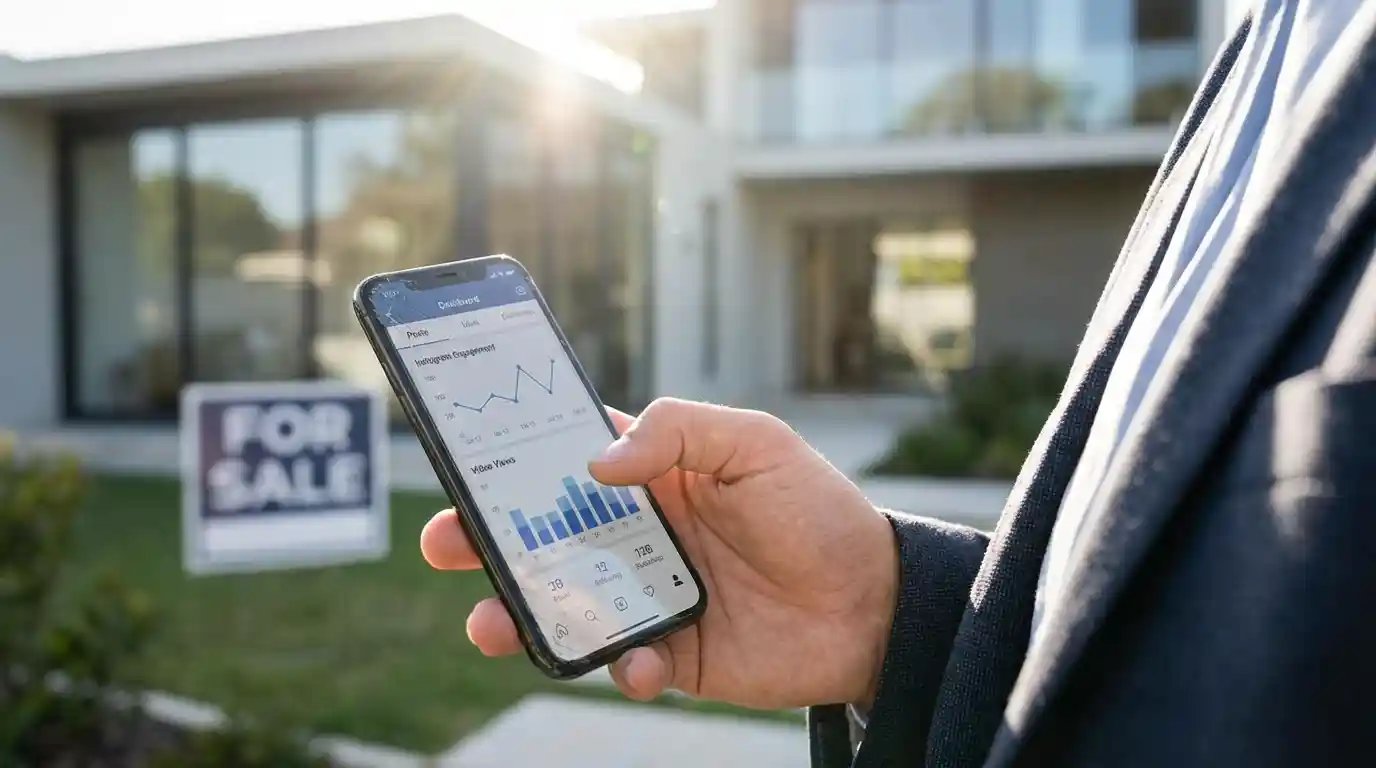 Smartphone showing real estate social media statistics and engagement analytics for property listings.