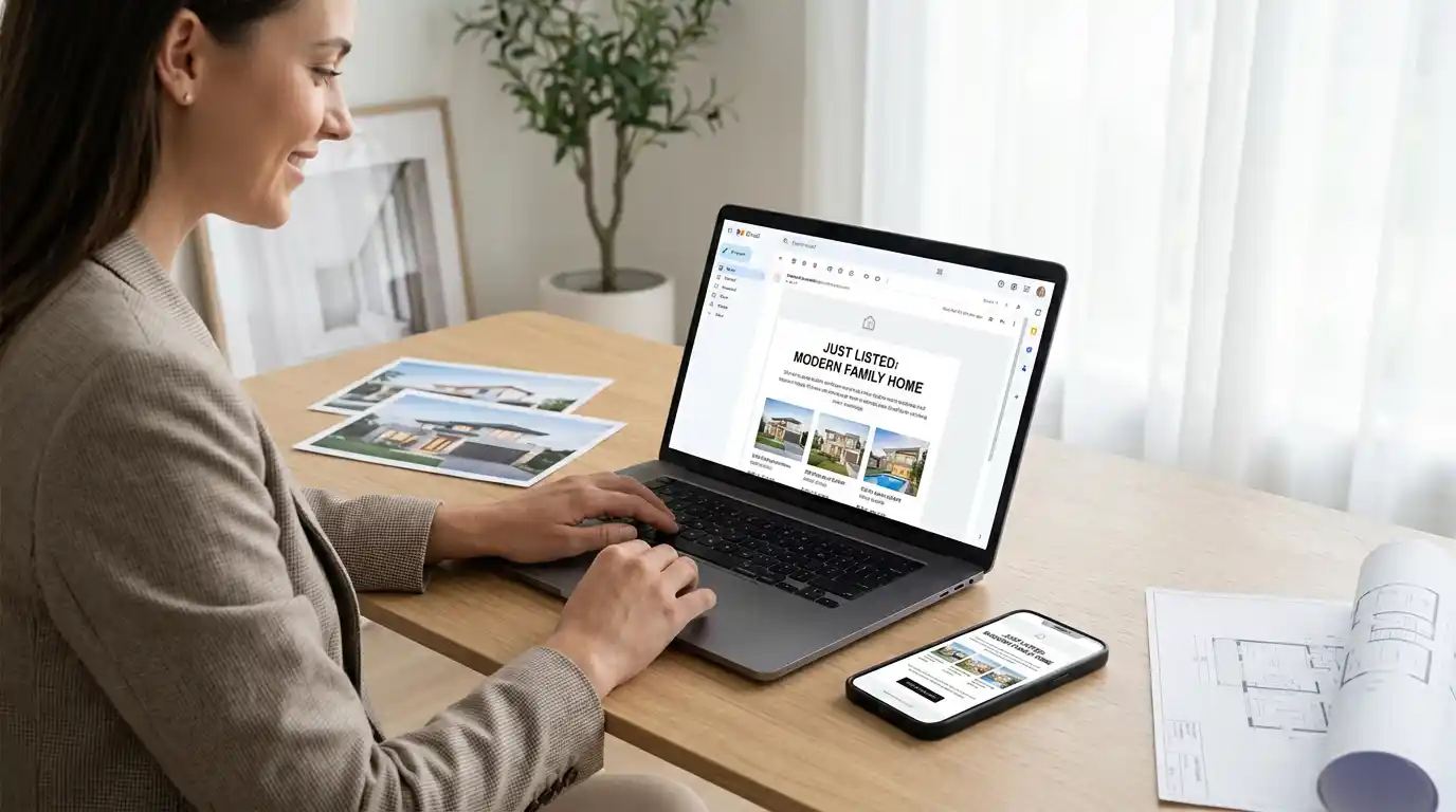 Real estate agent creating an email marketing campaign on laptop and mobile with property listings