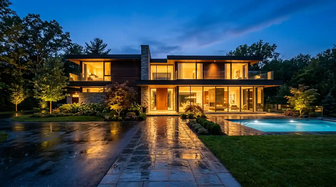Modern house photographed at twilight with warm interior lights and deep blue evening sky