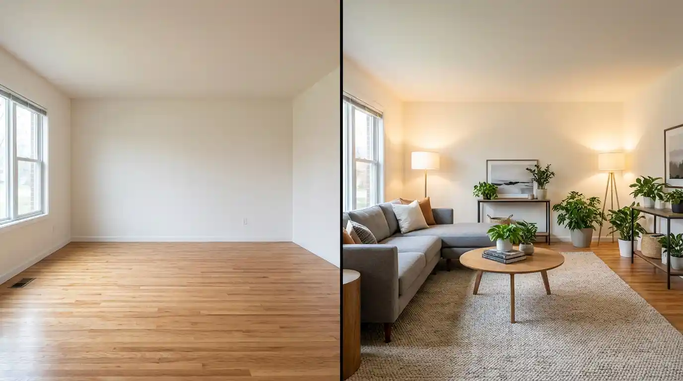 Empty living room compared to virtually staged version with furniture, showing the impact of real estate virtual staging