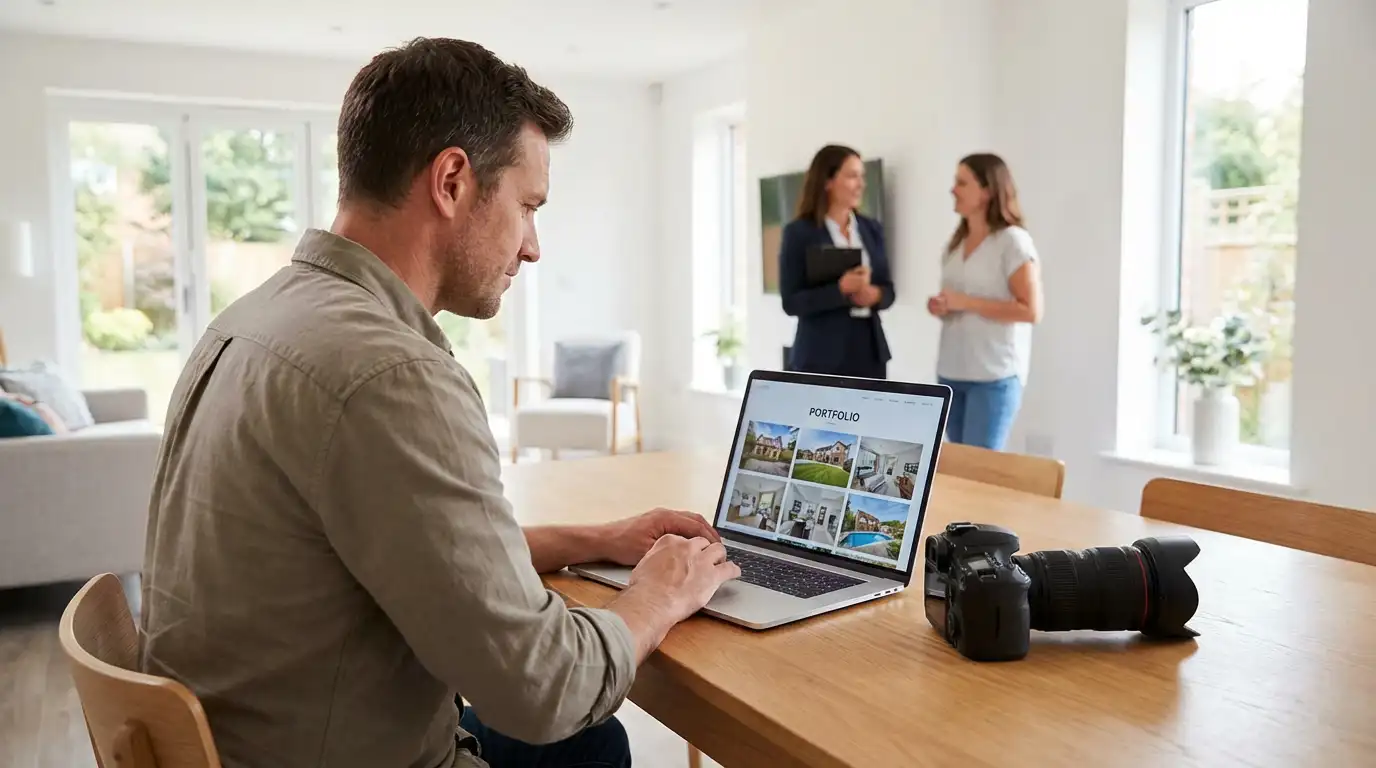 Real estate photographer reviewing property photos on a laptop while connecting with clients in a modern home