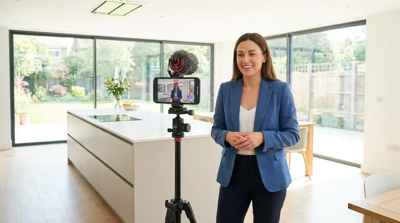 Real estate agent recording a property video on a smartphone, representing personal branding through video content