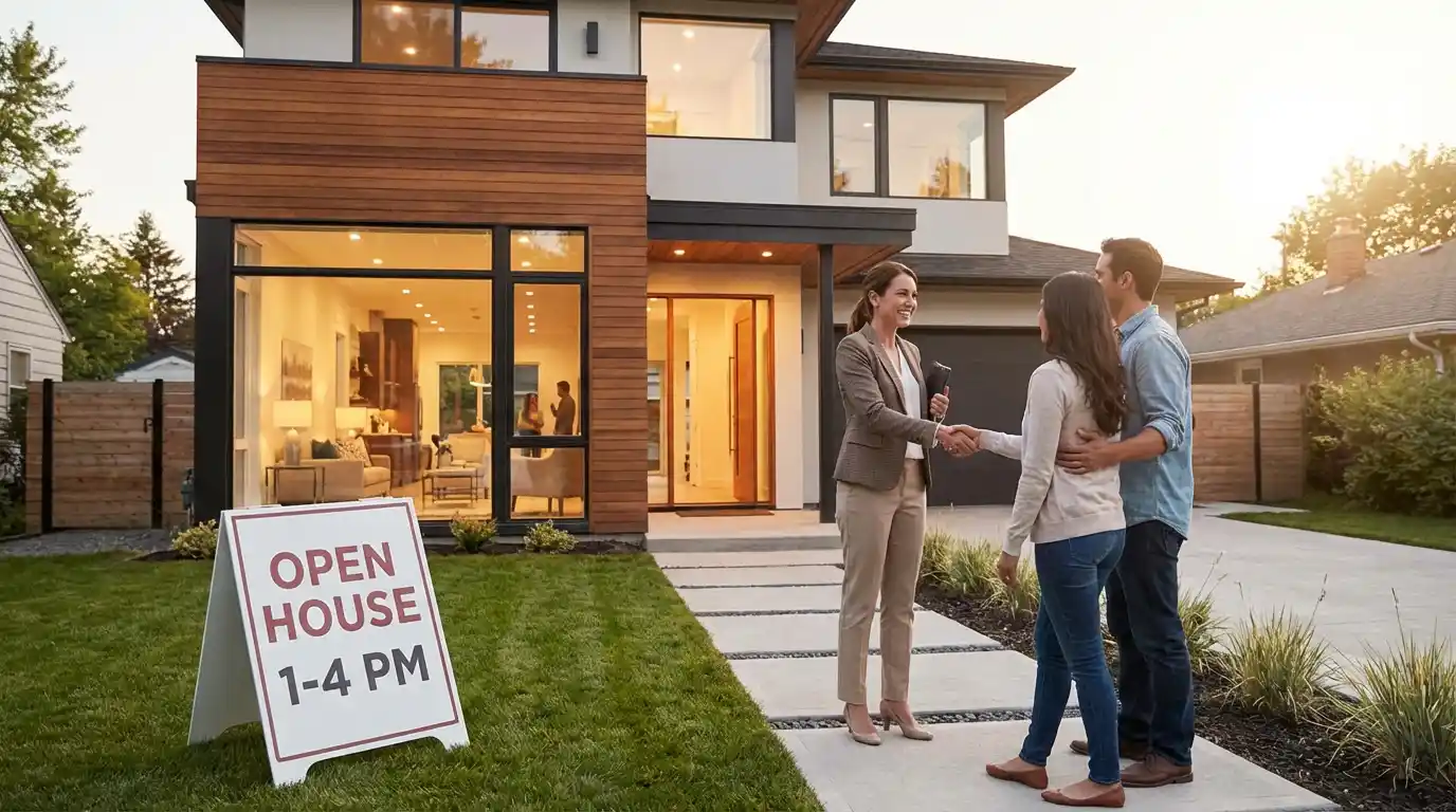 Real estate agent hosting an open house with visitors arriving at a well staged home