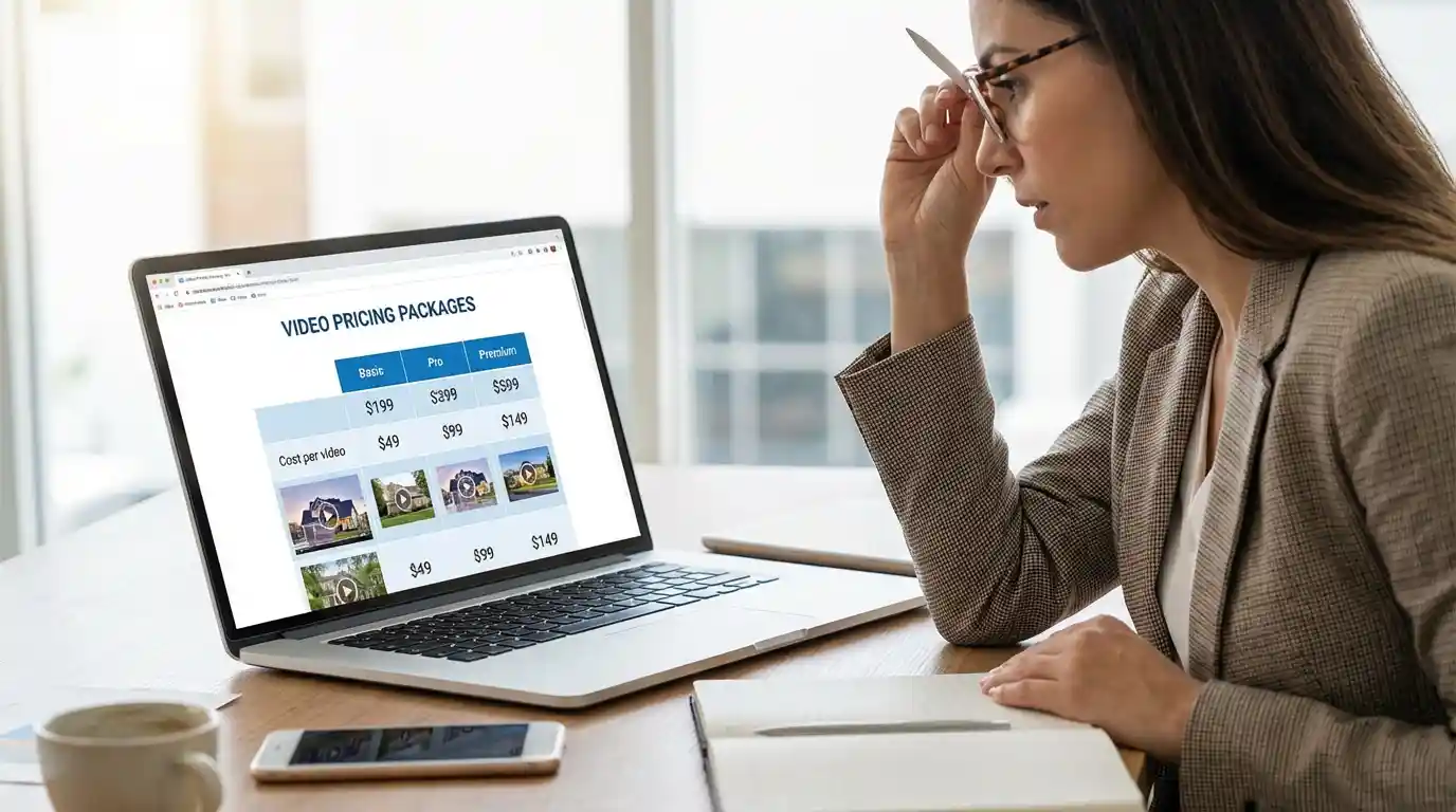 Real estate agent reviewing pricing options for listing videos on a laptop in a modern workspace