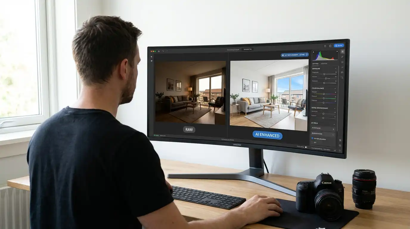 AI real estate photo editing workflow showing before and after image enhancement on a computer screen