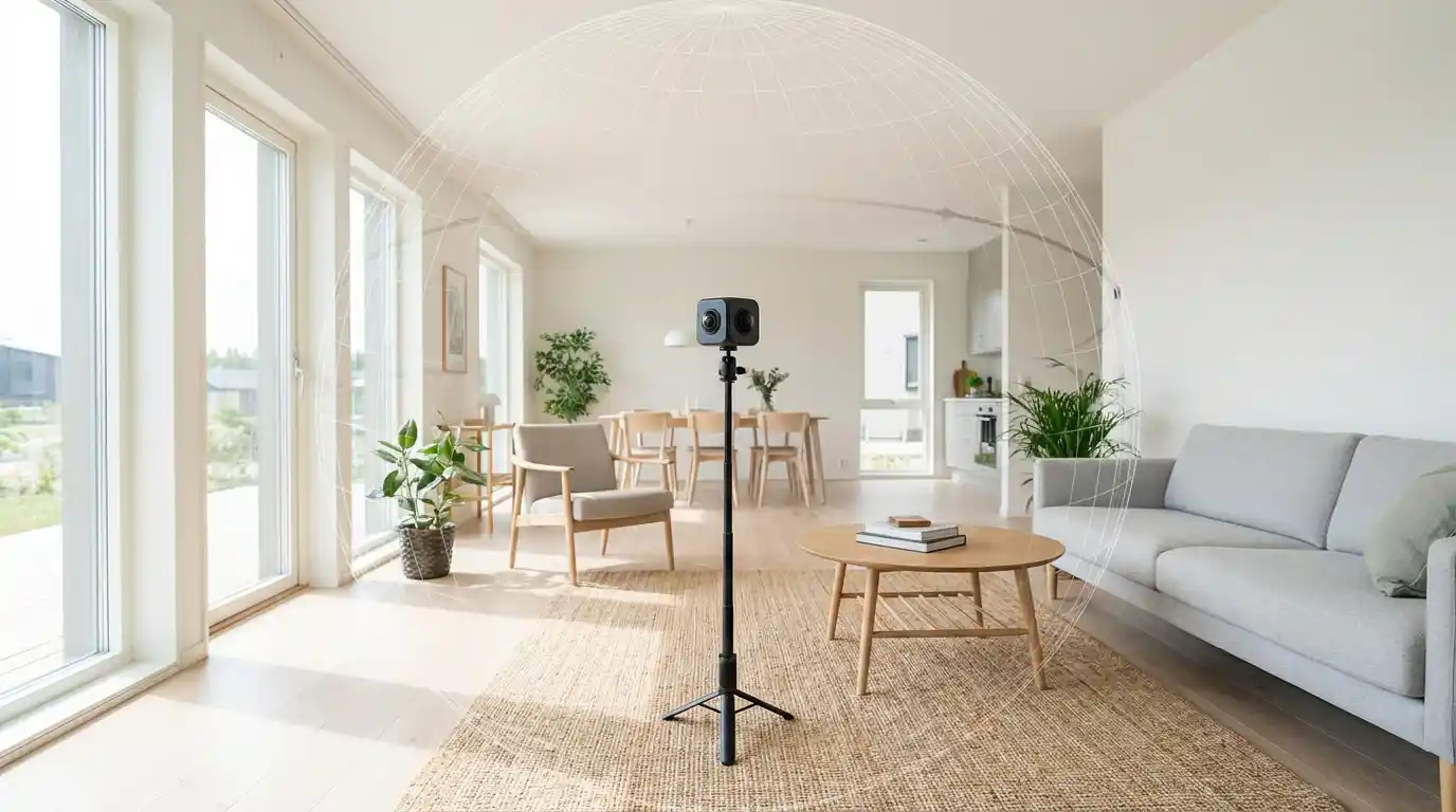 360 camera on tripod capturing a bright living room for a real estate virtual tour